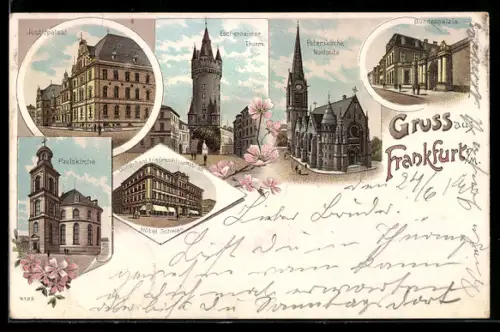 AK Frankfurt, Eschenheimer Thurm, Bundespalais, Justizpalast und Paulskirche