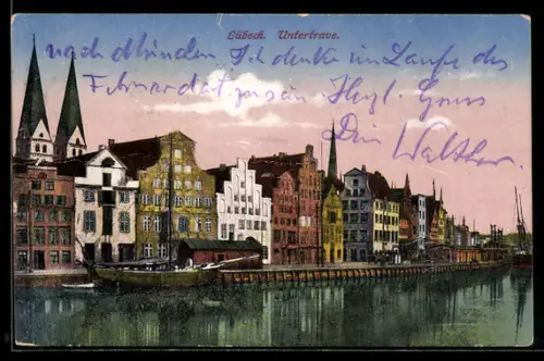 AK Lübeck, Untertrave, historische Altstadthäuser, Hafenansicht