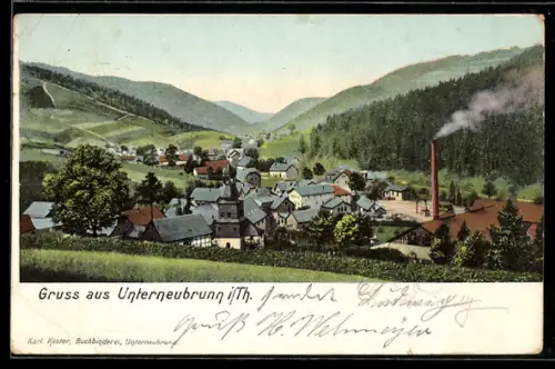 Lithographie Unterneubrunn i. Th., Ortsansicht mit Kirche und Fabrik
