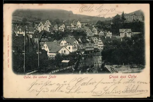 AK Calw, Die untere Stadt, Stadtansicht mit Fluss und Fachwerkhäusern