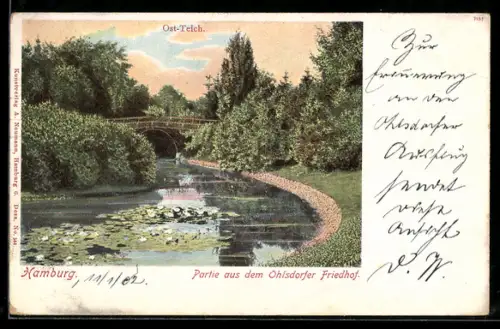AK Hamburg, Ost-Teich, Partie aus dem Ohlsdorfer Friedhof
