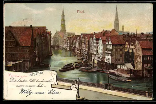 Lithographie Alt-Hamburg, Fleet, historische Speicherhäuser, Kirchen im Hintergrund