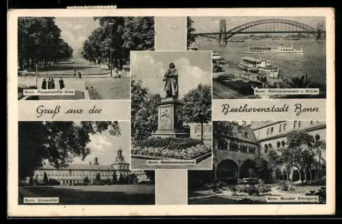 AK Bonn, Beethovendenkmal, Universität, Münster Kreuzgang, Rheinpromenade u. Brücke