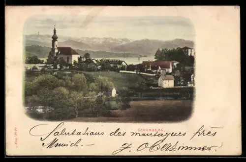 Lithographie Starnberg, Kirche, See, Alpenpanorama