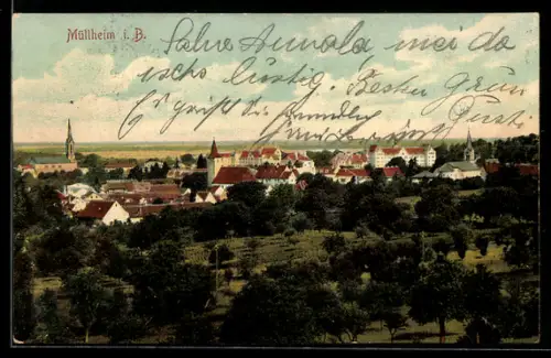 AK Müllheim i. B., Stadtansicht mit Kirche und umliegender Landschaft