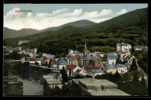 AK Badenweiler, Ortsansicht mit Kirche und Burgruine