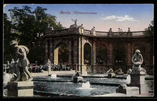 AK Berlin-Friedrichshain, Märchenbrunnen, Brunnenanlage, Skulpturen, Arkaden