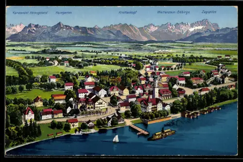 AK Seeshaupt am Starnberger See, Ortsansicht, Dampfersteg, Alpenpanorama