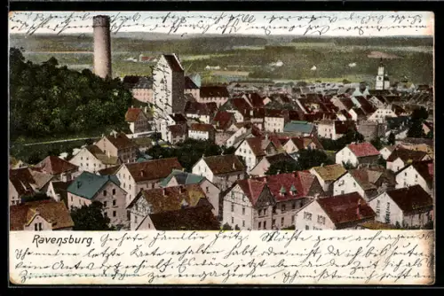AK Ravensburg, Stadtansicht mit Turm und Kirche