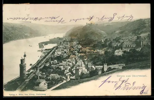 AK Oberwesel, Stadtansicht mit Rhein, Stadtmauer, Türmen und Burg
