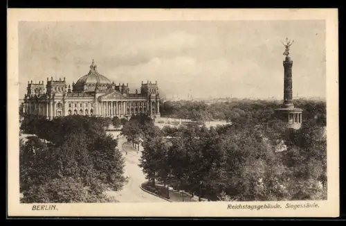 AK Berlin, Reichstagsgebäude u. Siegessäule aus der Vogelschau