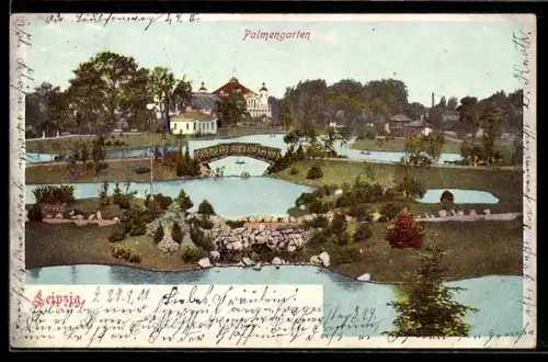Lithographie Leipzig, Palmengarten mit Brücke und Gebäude