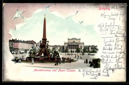Lithographie Leipzig, Mendebrunnen, Neues Theater