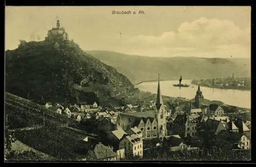 AK Braubach a. Rh., Stadtansicht mit Burg und Rhein