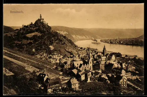 AK Braubach, Stadtansicht mit Burg und Rhein