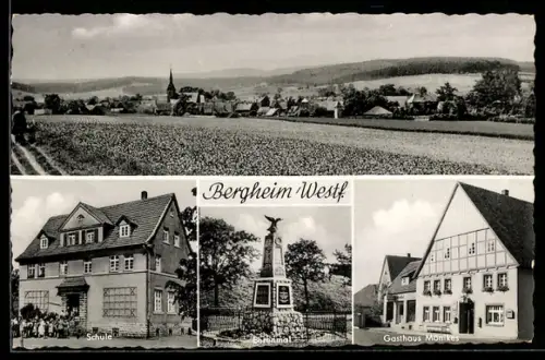 AK Bergheim /Westf., Gasthaus Mönikes, Schule, Ehrenmal