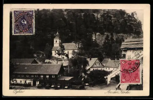 AK Oybin, An der Kirche, Ortspartie aus der Vogelschau