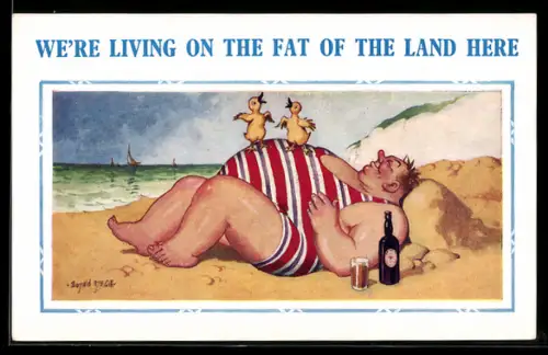 Künstler-AK Donald McGill: We`re living on the fat of the land here