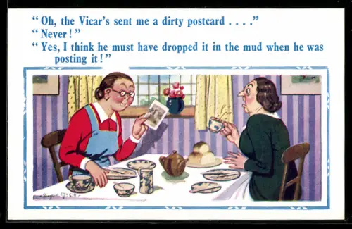 Künstler-AK Donald McGill: Oh, the Vicar`s sent me a dirty postcard...