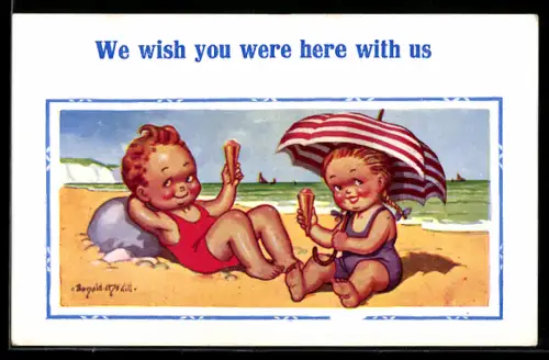 Künstler-AK Donald McGill: We wish you were here with us, At the Beach