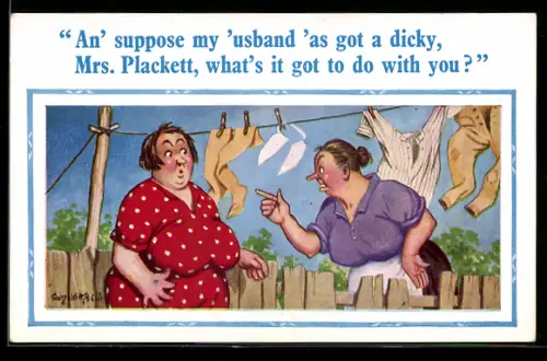 Künstler-AK Donald McGill: An`suppose my `usband `as got a dicky, Mrs. Plackett...
