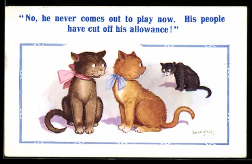 Künstler-AK Donald McGill: zwei Katzen blicken auf ein trauriges Kätzchen
