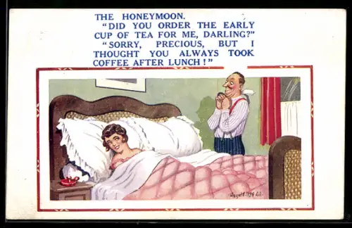 Künstler-AK Donald McGill: The Honeymoon, Did you order the early cup of tea for me, darling?