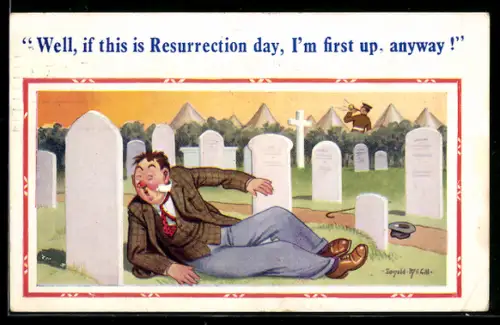 Künstler-AK Donald McGill: Well, if this is Resurrection day, I`m first up...