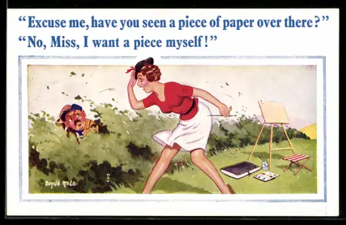 Künstler-AK Donald McGill: Der Wind weht einer Künstlerin ihr Papier davon