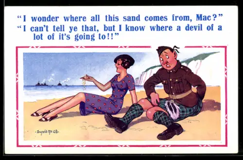 Künstler-AK Donald McGill: I wonder where all this sand comes from, Mac?, At the Beach