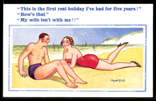 Künstler-AK Donald McGill: This is the first real holiday..., At the Beach