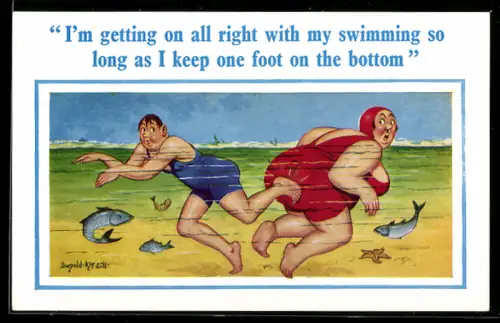 Künstler-AK Donald McGill: I`m getting on all right with my swimming so long as I keep one foot on the bottom