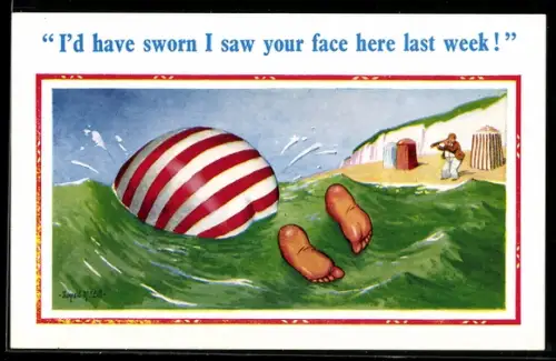 Künstler-AK Donald McGill: I`d have sworn I saw your face here last week, At the Sea