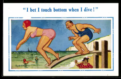 Künstler-AK Donald McGill: I bet I touch bottom when I dive!, At the Sea