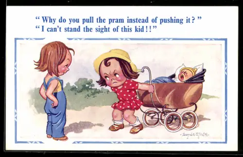 Künstler-AK Donald McGill: Why do you pull the pram instead of pushing it?