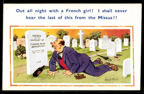 Künstler-AK Donald McGill: Out all night with a French girl!