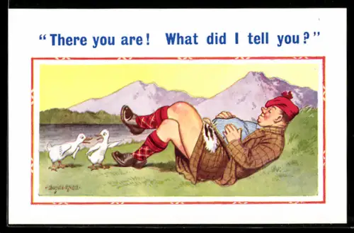 Künstler-AK Donald McGill: Mann mit vollem Bauch liegt auf einer Wiese