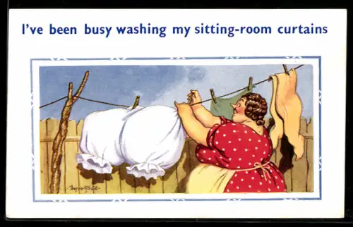 Künstler-AK Donald McGill: I`ve been busy washing my sitting-room curtains