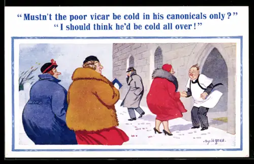 Künstler-AK Donald McGill: Pfarrer begrüsst die Damen zum Kirchgang