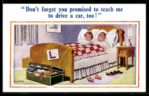 Künstler-AK Donald McGill: Frau erinnert den Mann im Ehebett daran, ihr Autofahren beizubringen