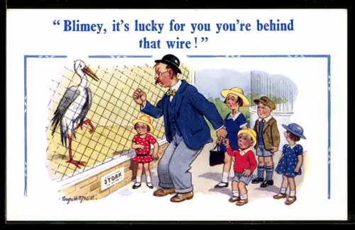 Künstler-AK Donald McGill: Blimey, it`s lucky for you you`re behind that wire!