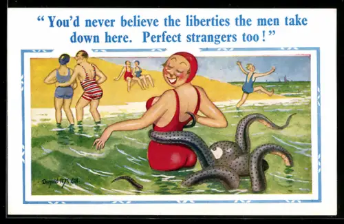 Künstler-AK Donald McGill: You`d never believe the liberties the men take down here, At the Sea