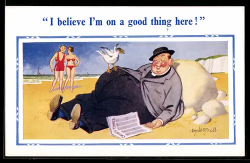 Künstler-AK Donald McGill: I believe, I`m on a good thing here, At the Beach