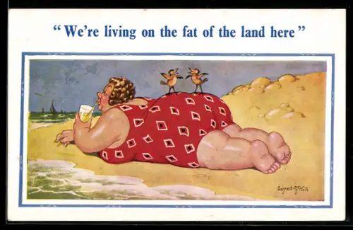Künstler-AK Donald McGill: We`re living on the fat of the land..., At the Beach