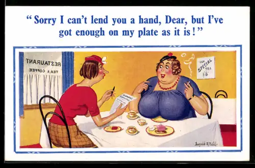 Künstler-AK Donald McGill: Frauen bei Kaffee und Kuchen in einem Café