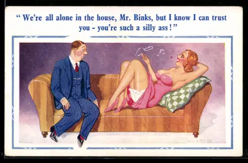 Künstler-AK Donald McGill: We`re alone in the house, Mr. Binks...