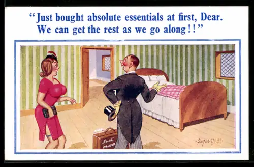 Künstler-AK Donald McGill: Just bought absolute essentials at first, Dear