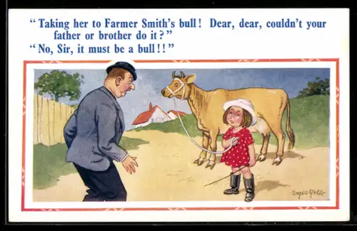 Künstler-AK Donald McGill: Mädchen führt eine Kuh zum Bullen