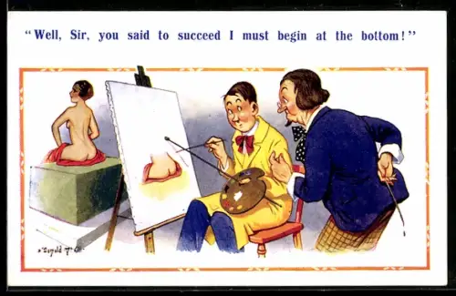 Künstler-AK Donald McGill: Maler mit Schüler und Akt-Modell