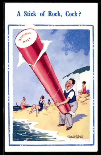 Künstler-AK Donald McGill: Mann mit einem grossen Zylinder am Strand